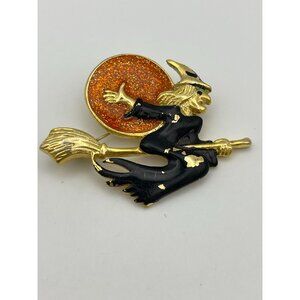 Halloween Brooch Witch Broom Full Moon The Color Worn Off 2"